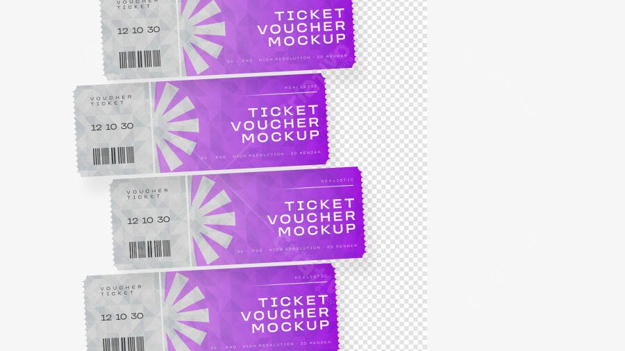 Mockup Voucher Ticket Roxo Papel Picotado Editável