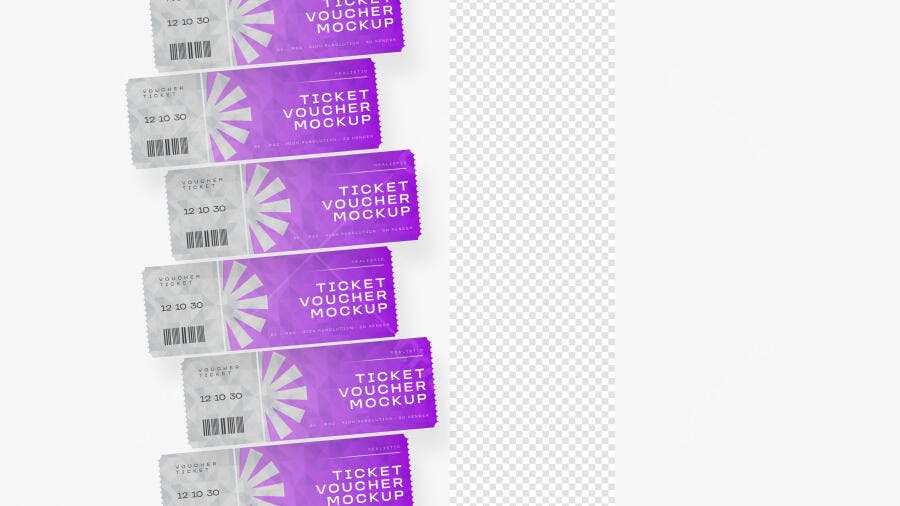 Mockup Voucher Ticket Roxo Vista Superior Editável