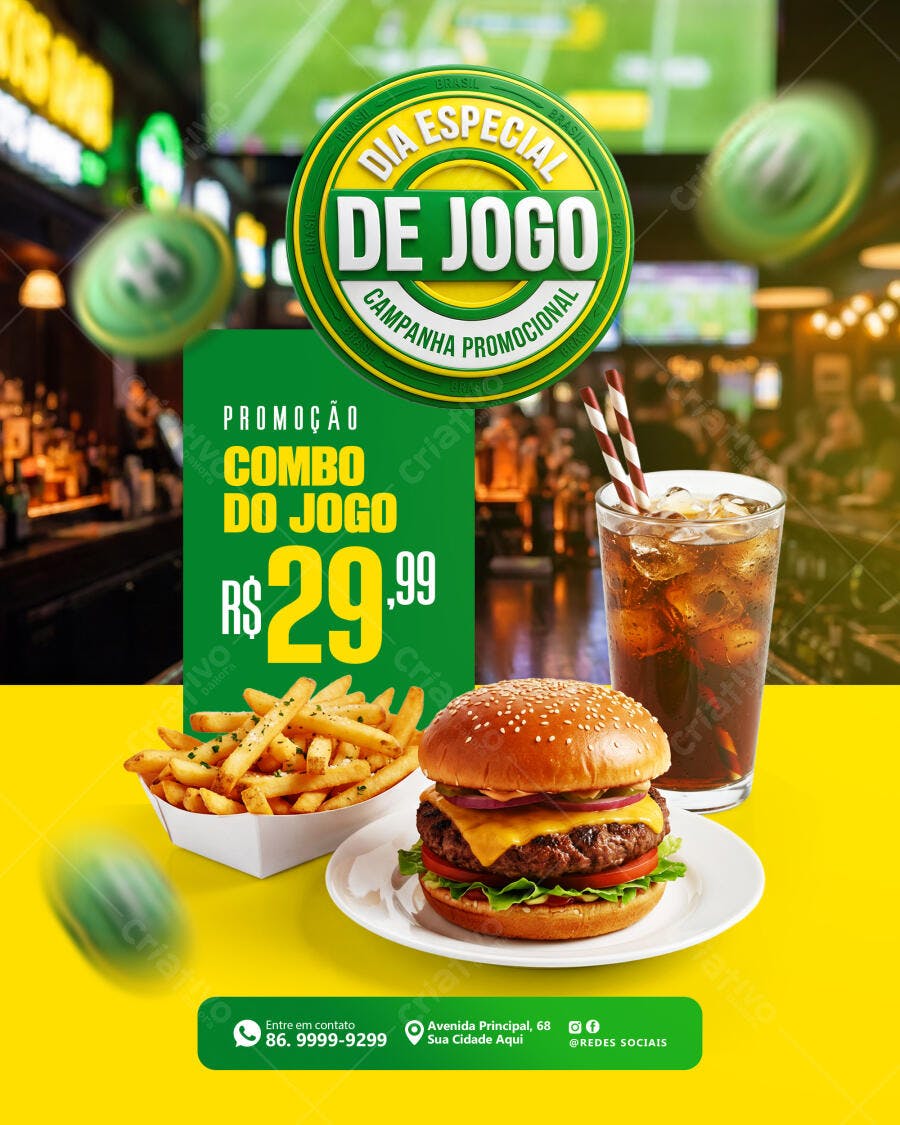 Post Instagram Dia de Jogo Hamburgueria PSD Editável