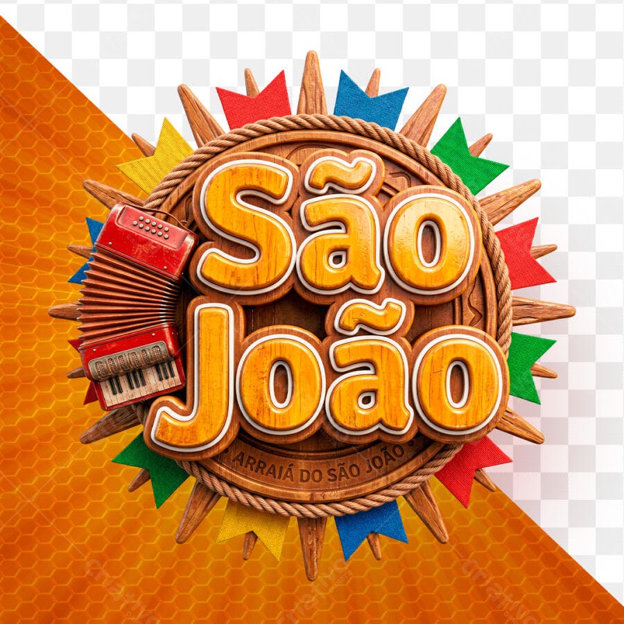 Selo 3D São João Festa Junina Madeira Acordeon PNG Transparente