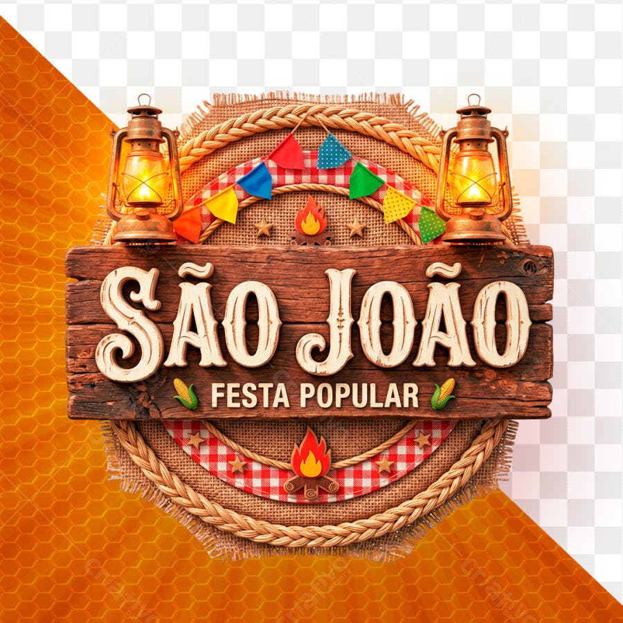 Selo 3D São João Festa Junina Placa Madeira PNG Transparente