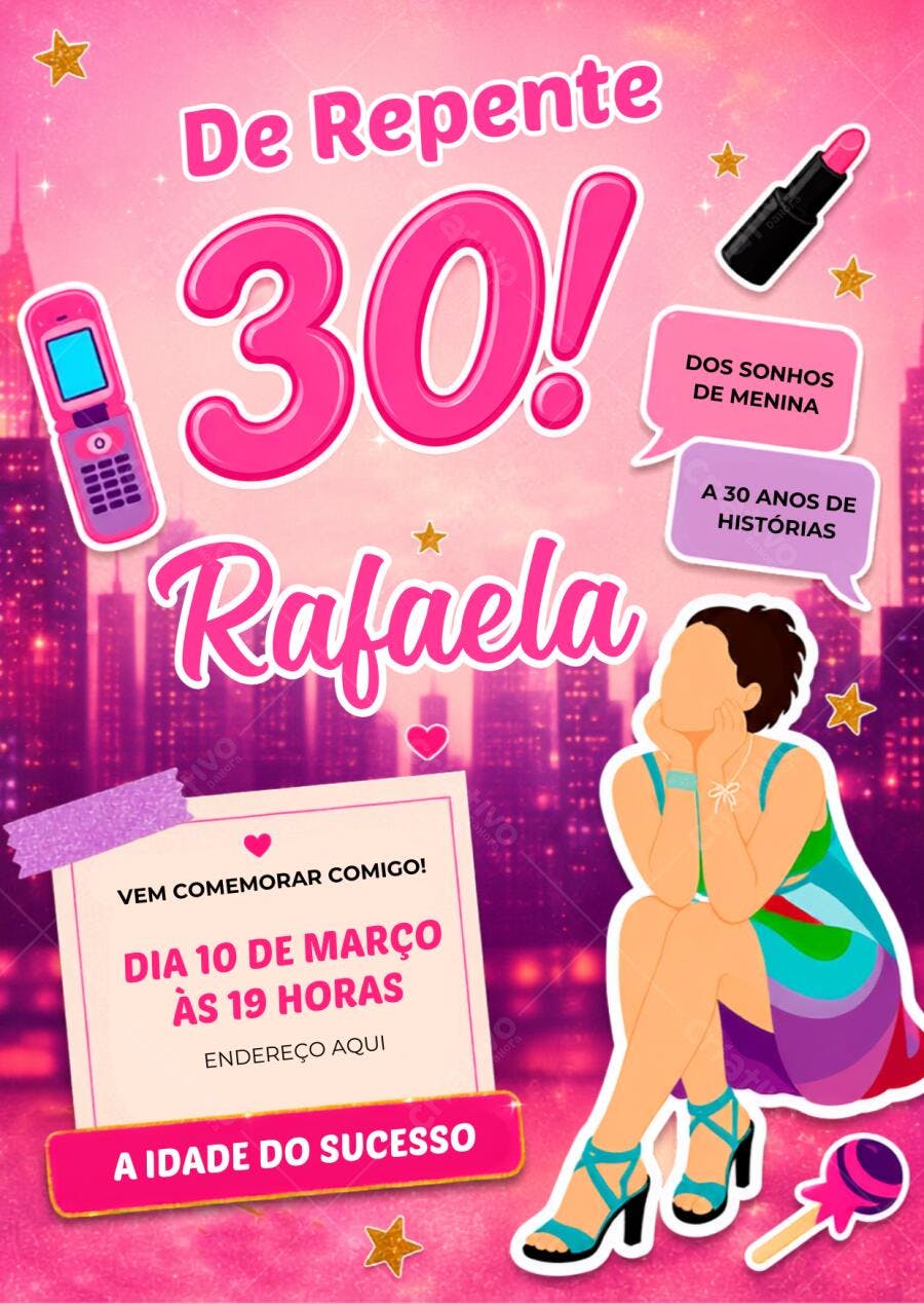 Convite Aniversário 30 Anos Feminino Pink Urbano Editável