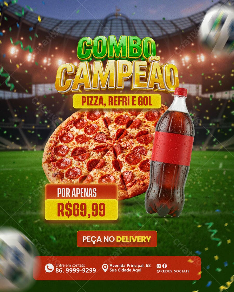Post Instagram Combo Campeão Pizzaria Futebol PSD Editável
