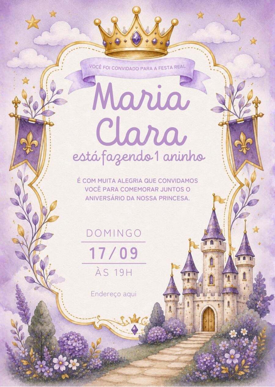 Convite Aniversário Princesa Castelo Roxo 1 Aninho Editável