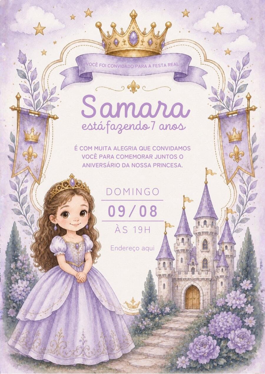 Convite Aniversário Princesa Castelo Roxo 7 Anos Editável