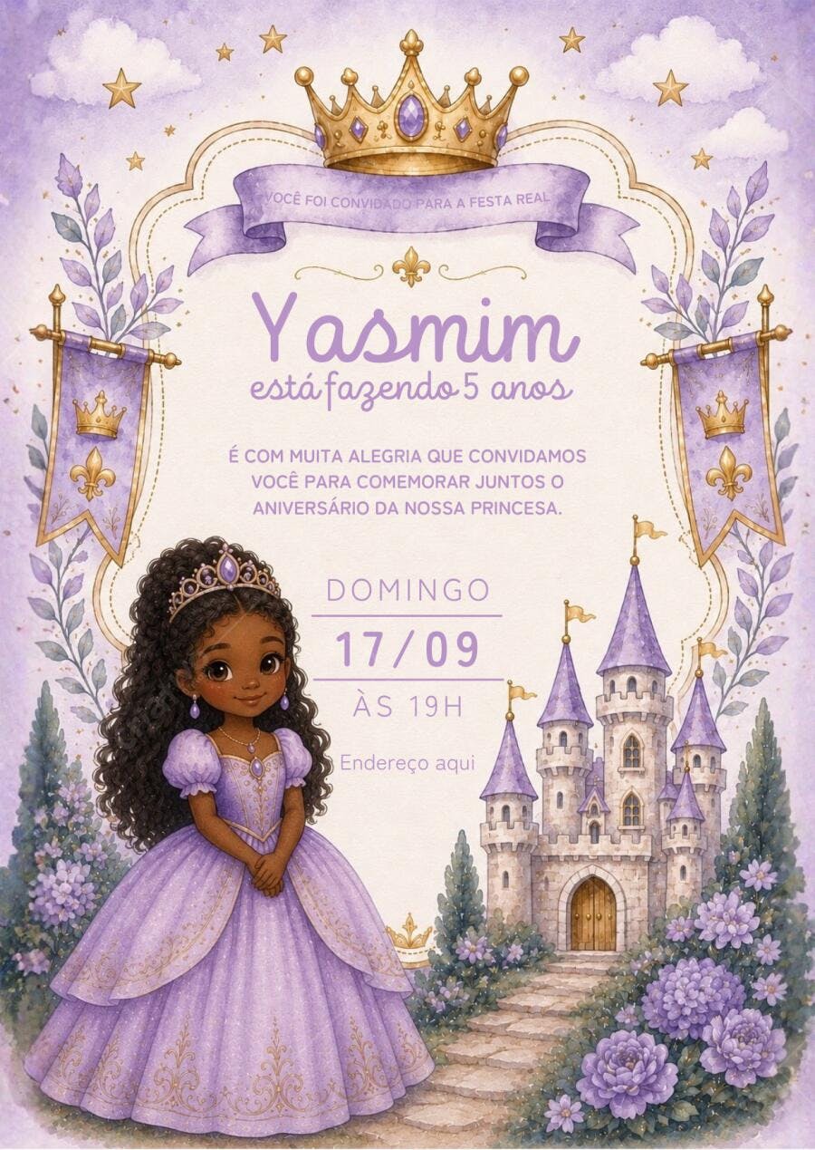 Convite Aniversário Princesa Castelo Roxo 5 Anos Editável