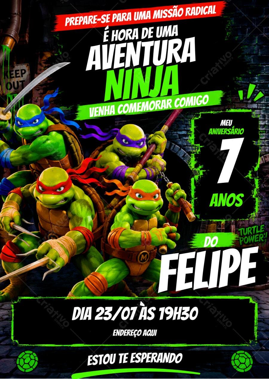 Convite Aniversário Tartarugas Ninja 7 Anos Editável