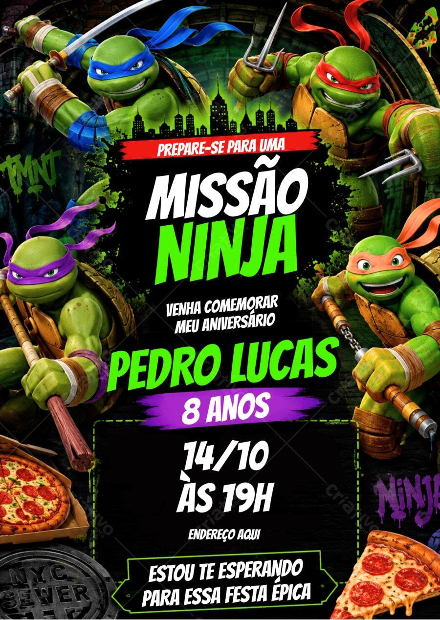 Convite Aniversário Tartarugas Ninja 8 Anos Editável