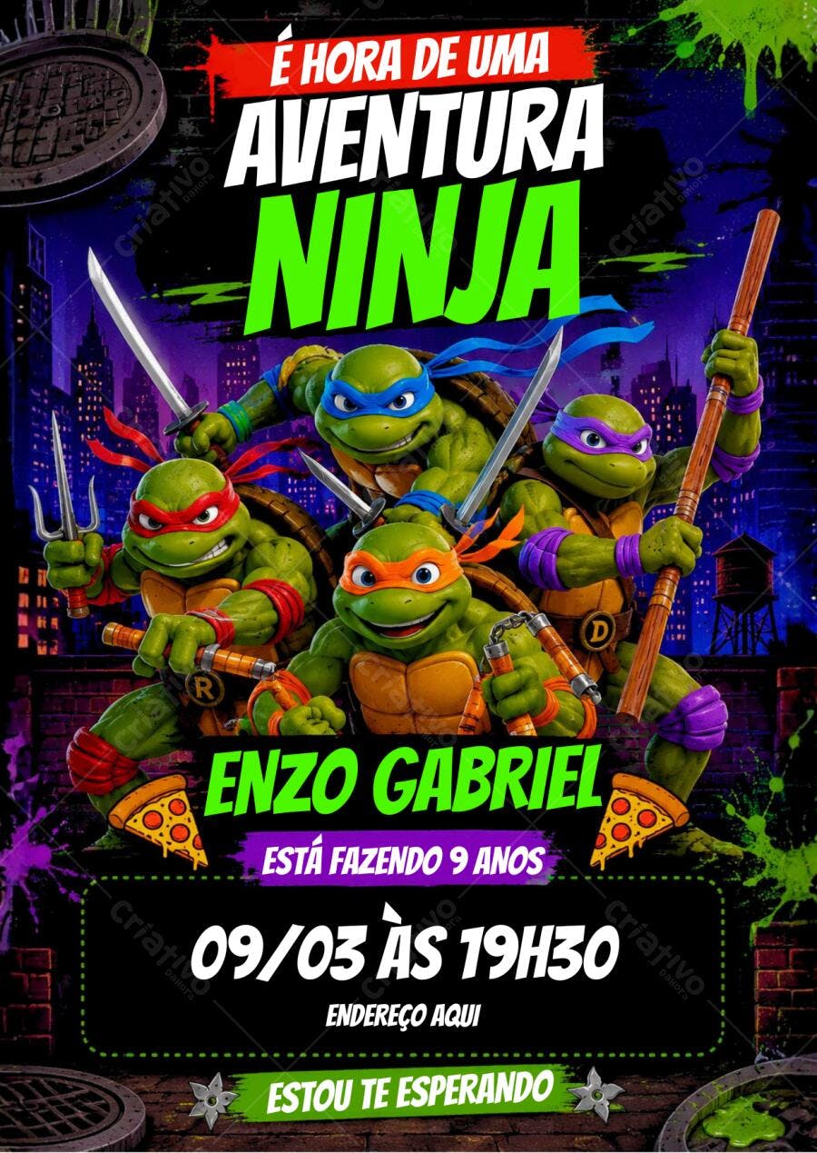 Convite Aniversário Tartarugas Ninja 9 Anos Editável