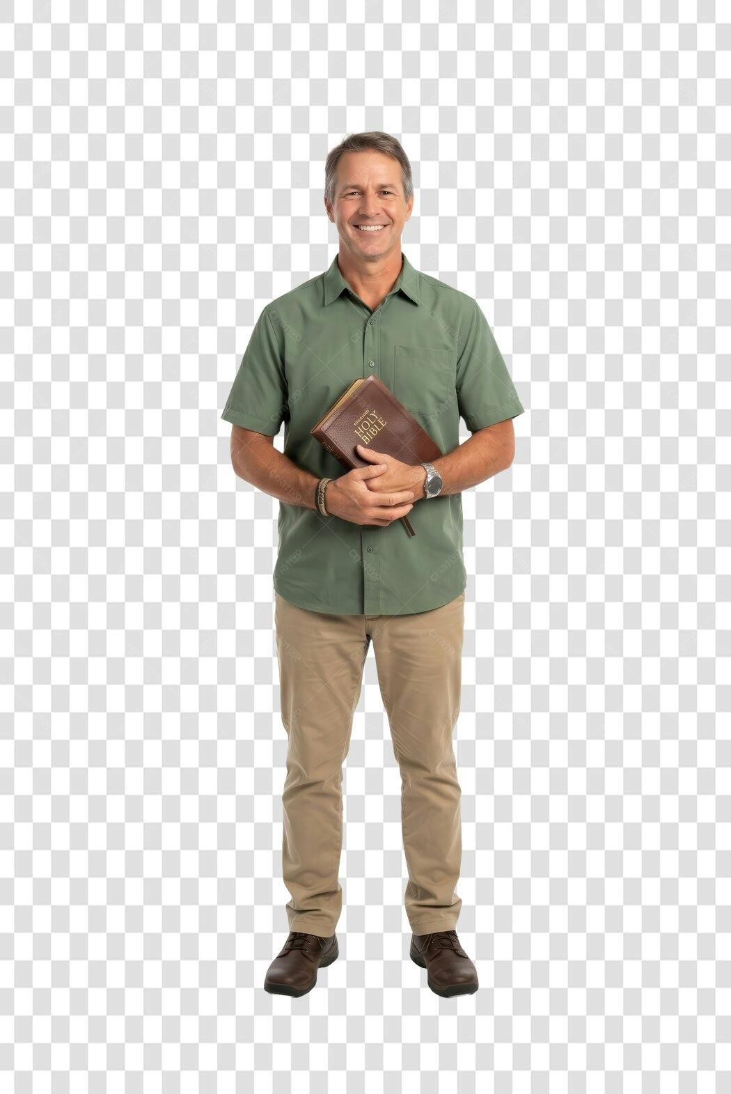 Foto Recortada Homem Sorrindo Bíblia Verde Caqui PNG Fundo Transparente