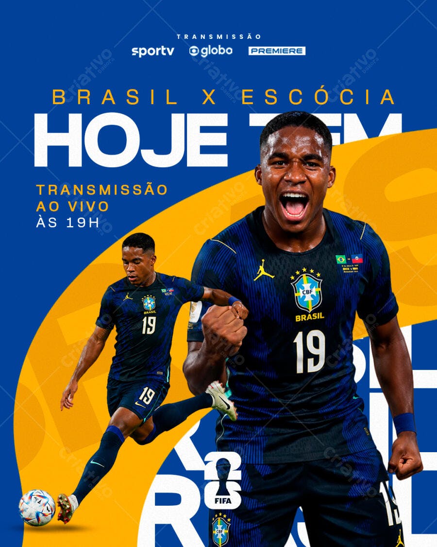 Flyer esportivo Brasil x Escócia copa do mundo