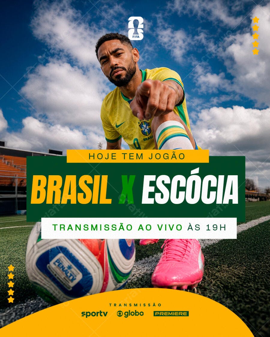 Flyer esportivo Brasil x Escócia copa do mundo