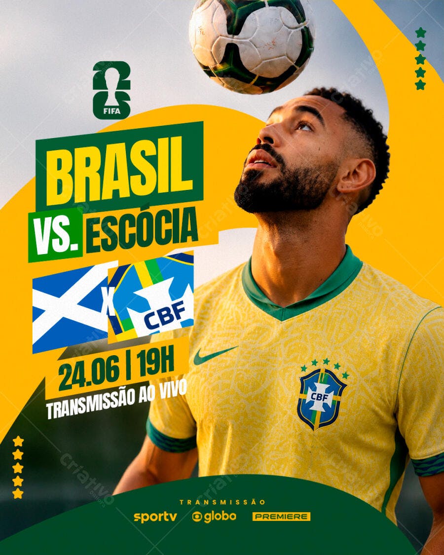 Flyer esportivo Brasil x Escócia copa do mundo