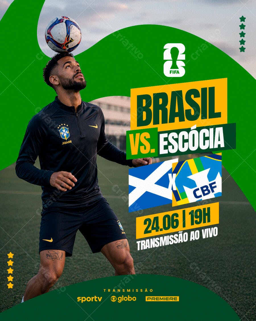 Flyer esportivo Brasil x Escócia copa do mundo