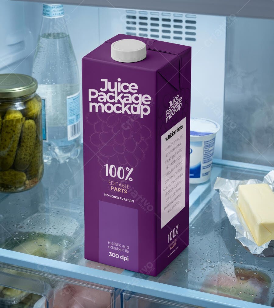 Mockup Caixa Suco Leite Bebida Geladeira Realista Editável