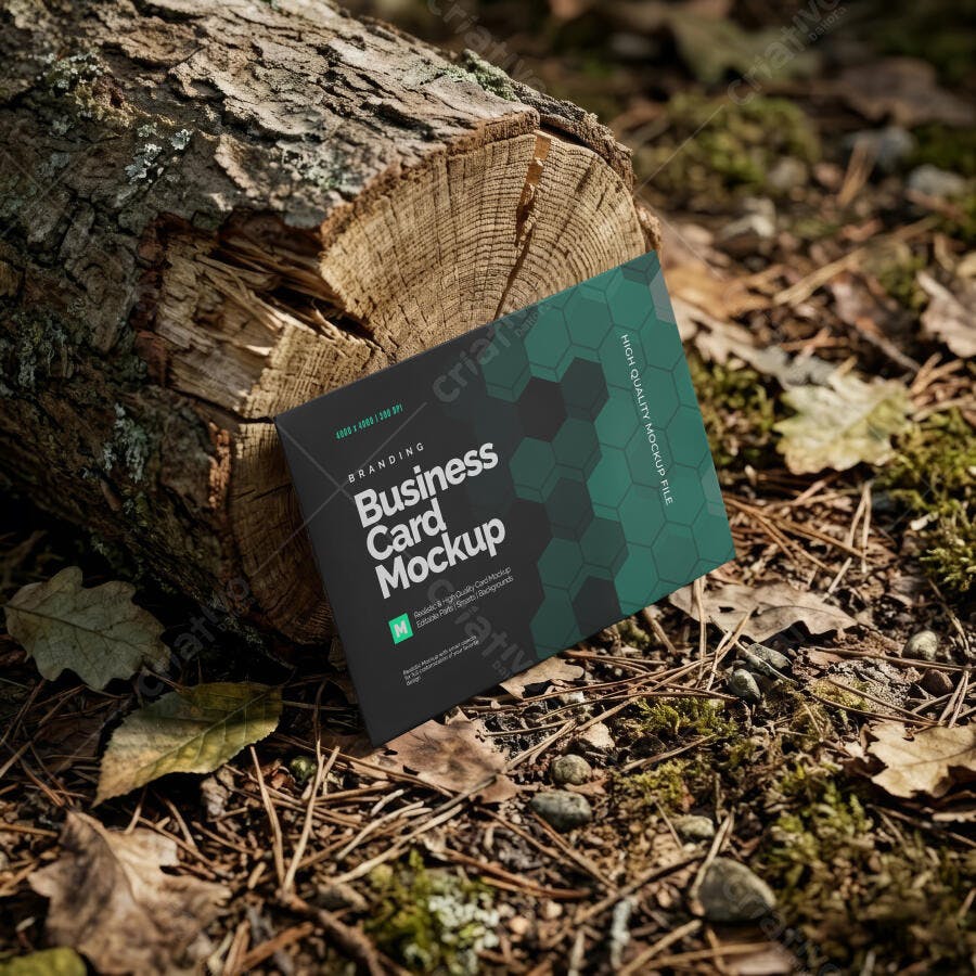Mockup Cartão Visita Realista Tronco Madeira Natureza Editável