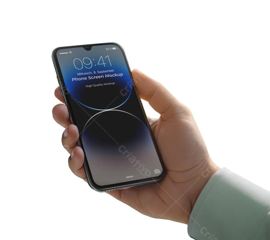 Mockup Celular Mãos Segurando Fundo Branco Editável