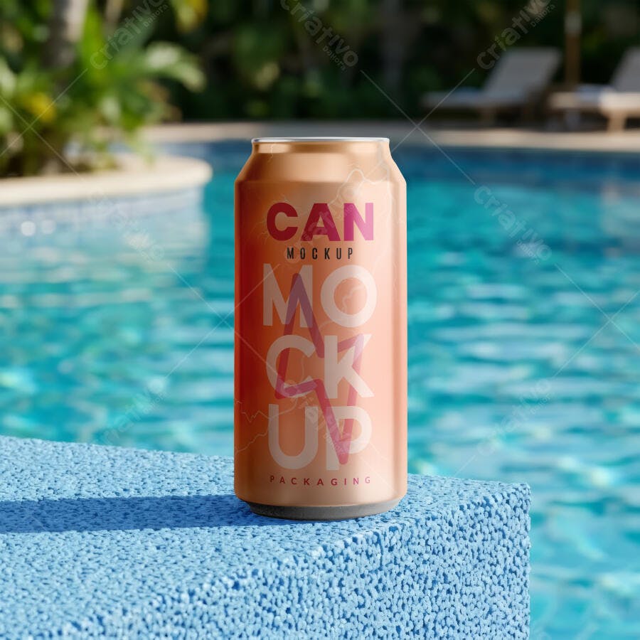 Mockup Lata Bebida Alumínio Piscina Cenário Verão Editável