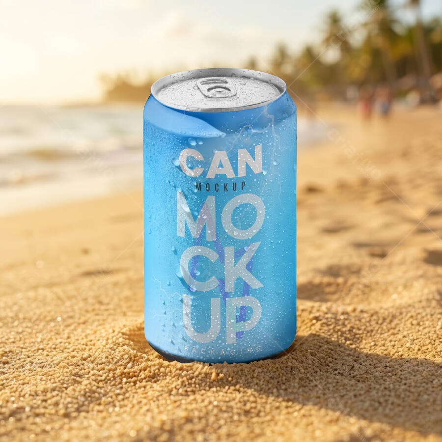 Mockup Lata Bebida Refrigerante Praia Fundo Mar Editável