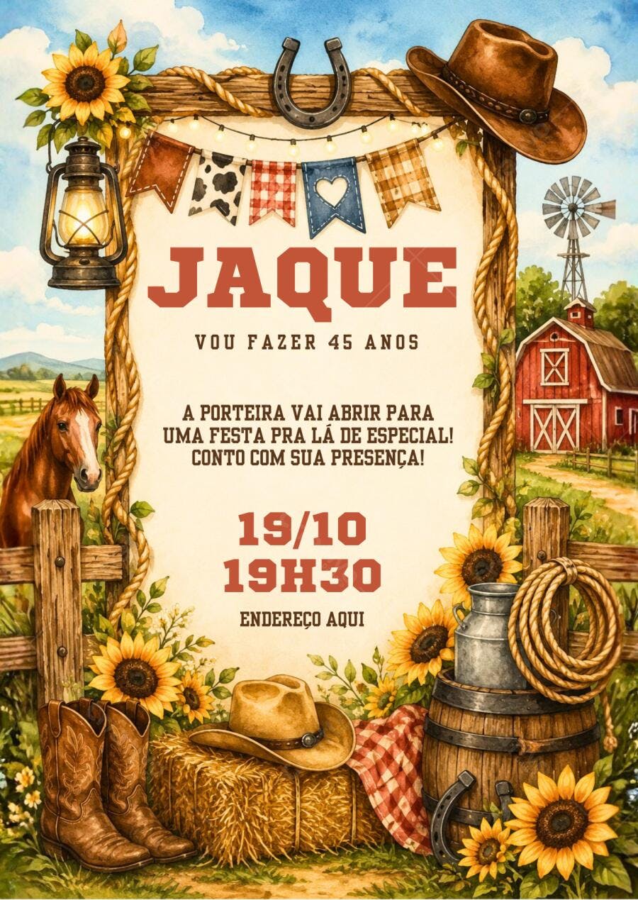 Convite Aniversário Adulto Fazendinha Country 45 Anos Editável