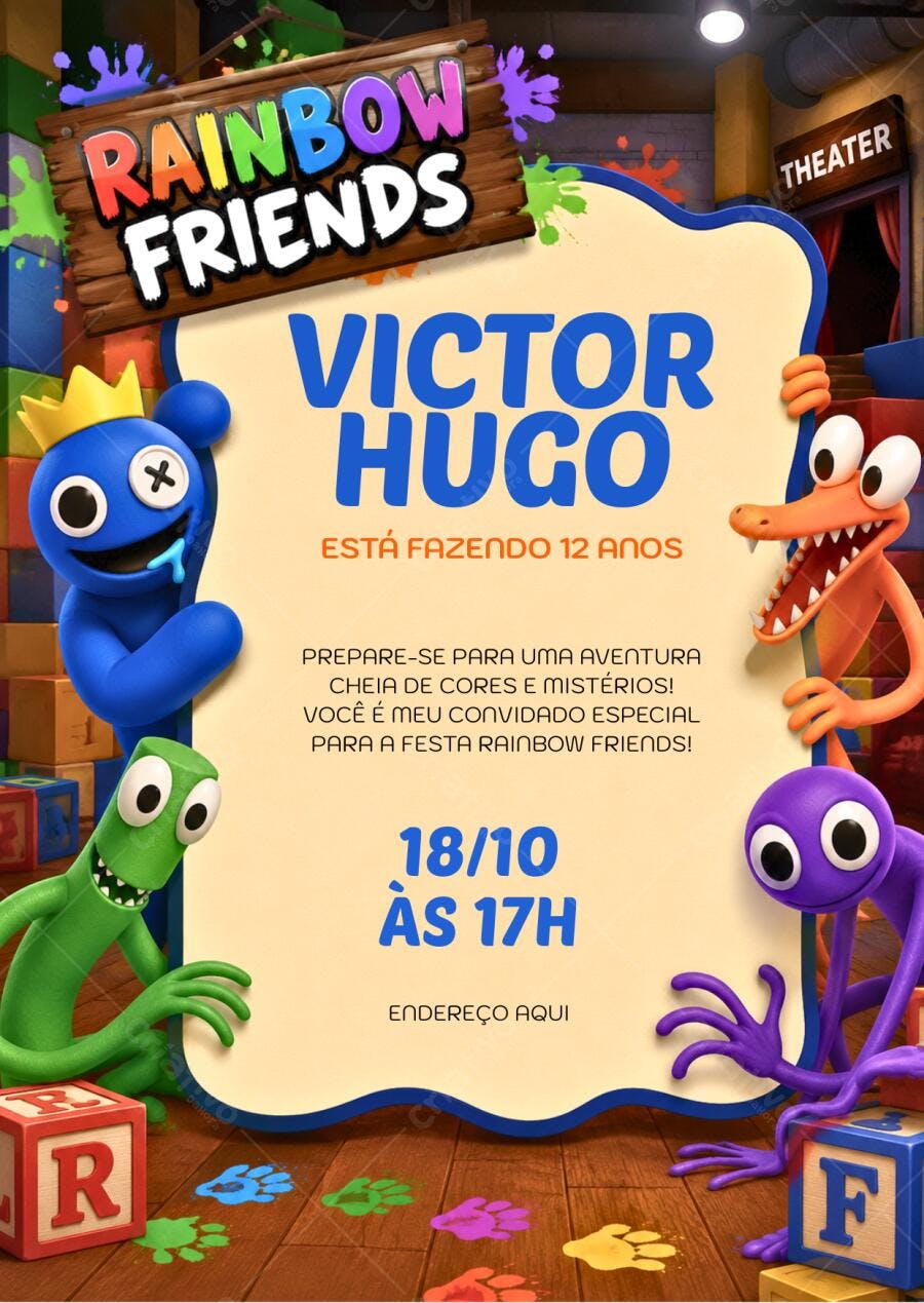 Convite Aniversário Rainbow Friends 12 Anos Editável