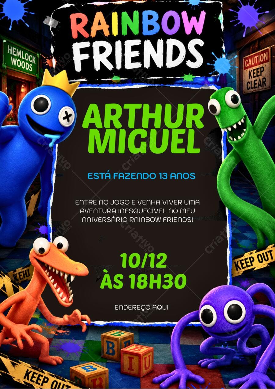 Convite Aniversário Rainbow Friends 13 Anos Editável