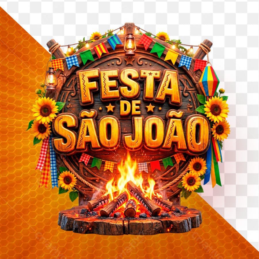 Selo 3D Festa de São João com Fogueira e Girassóis PNG
