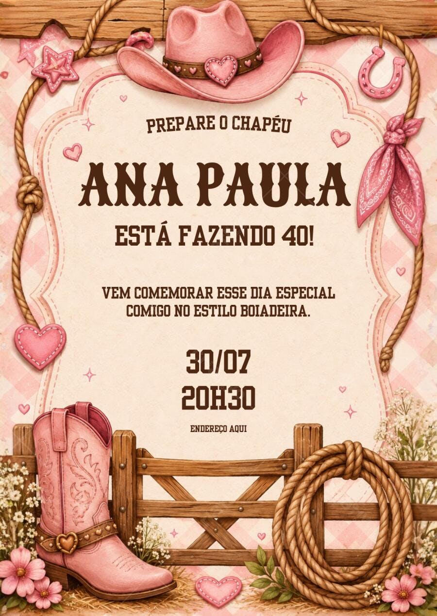 Convite Aniversário 40 Anos Cowgirl Rosa Editável