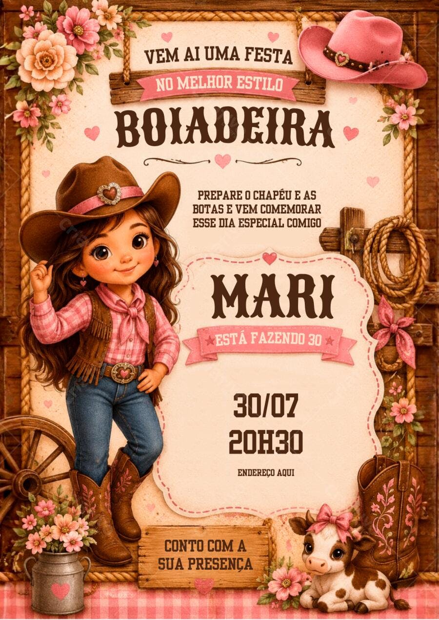 Convite Aniversário Adulto Boiadeira 30 Anos Rosa Editável