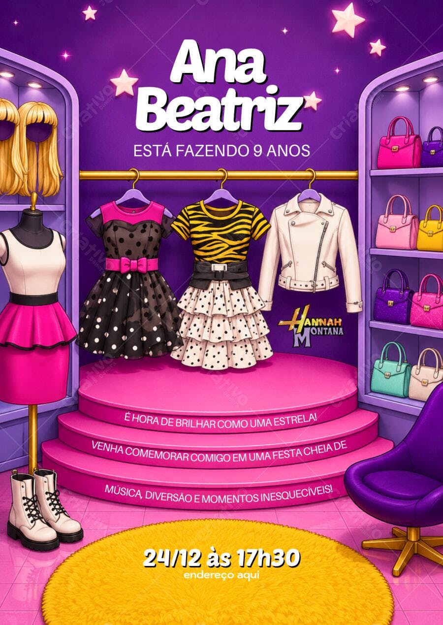 Convite Aniversário Hannah Montana 9 Anos Editável