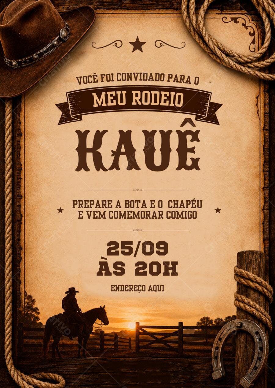 Convite Aniversário Rodeio Cowboy Rústico Editável