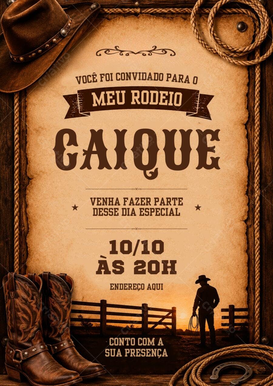 Convite Aniversário Rodeio Cowboy Sertanejo Editável