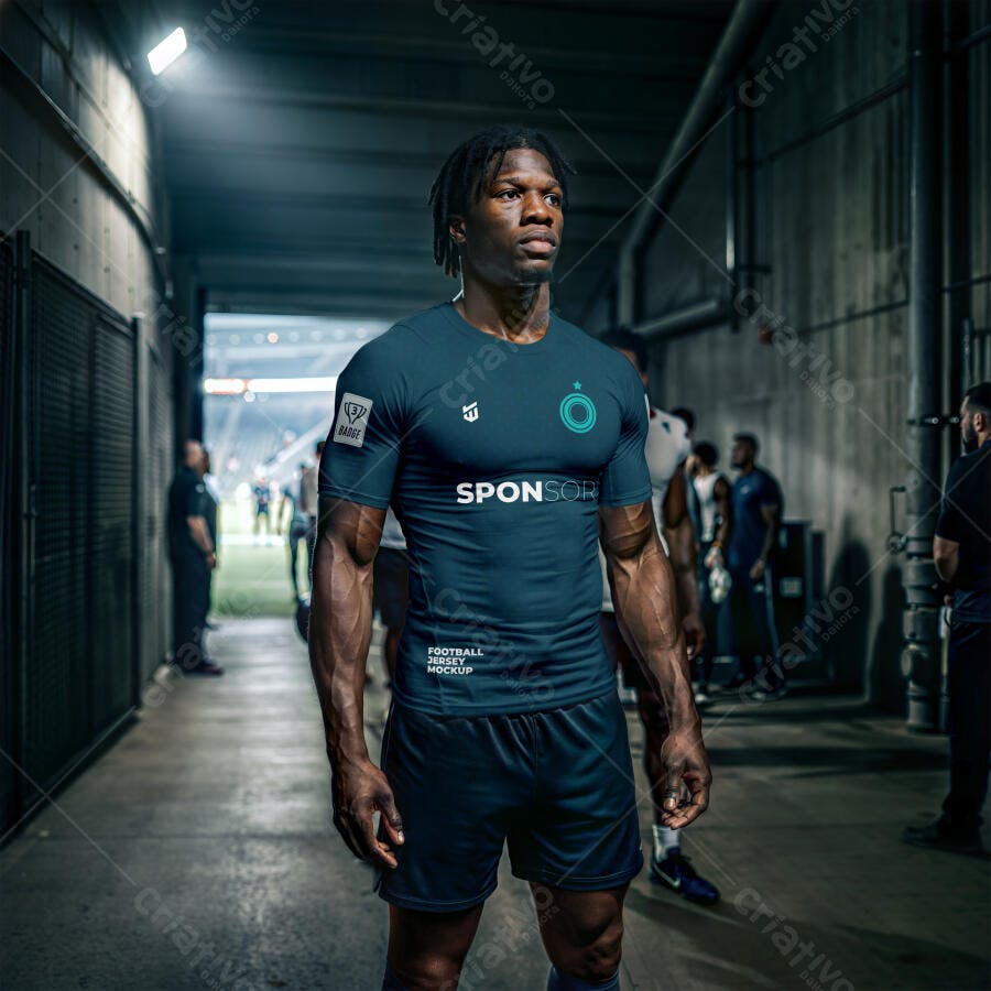 Mockup Camisa Futebol Jogador Túnel Estádio Editável