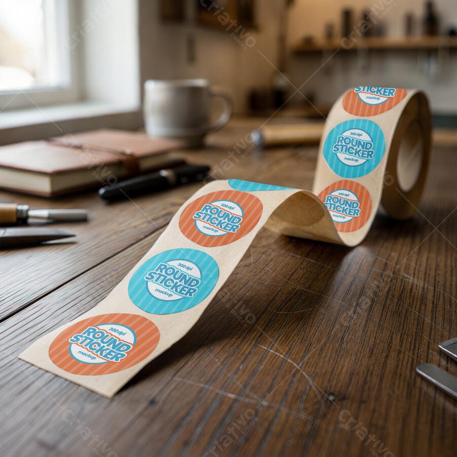 Mockup Rolo Adesivo Redondo Kraft Mesa Madeira Editável