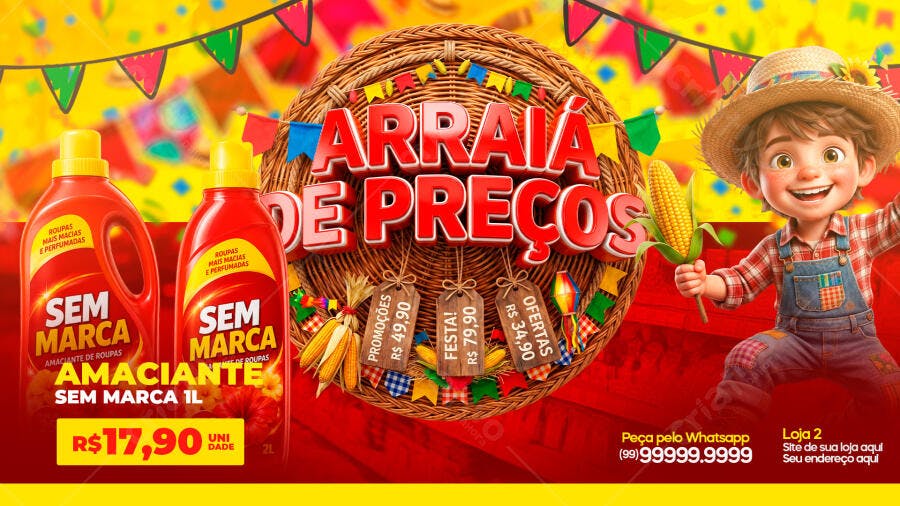 Banner Festa Junina Arraiá de Preços Supermercado PSD Editável