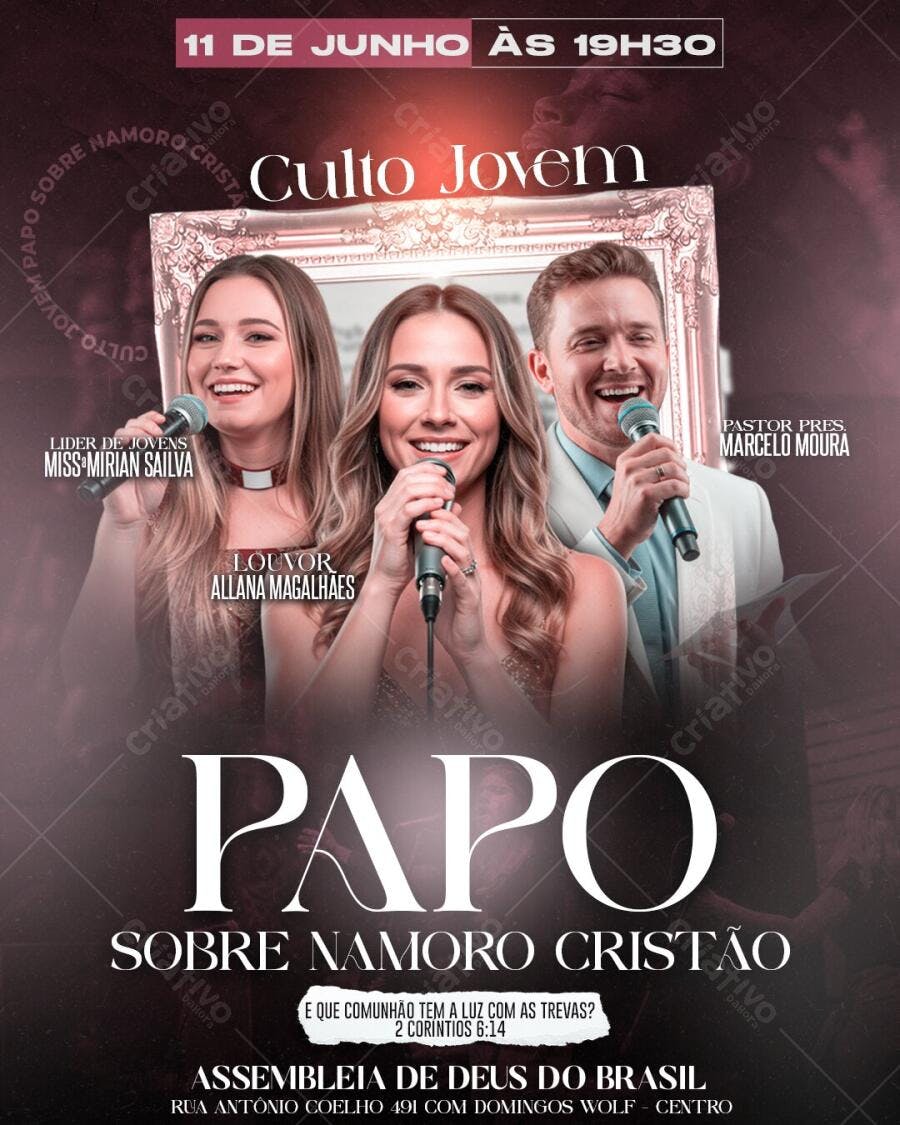 Flyer Culto Jovem Namoro Cristão Igreja PSD Editável