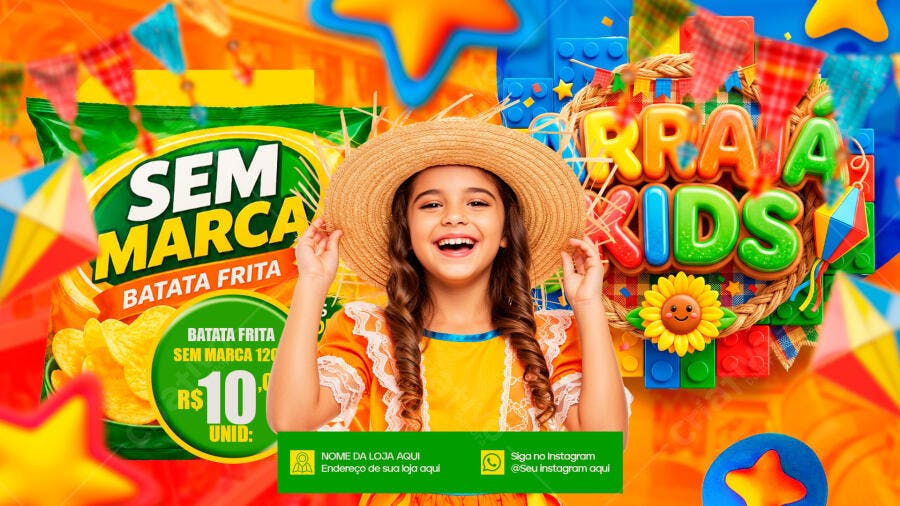 Flyer Festa Junina Arraiá Kids Batata Frita PSD Editável