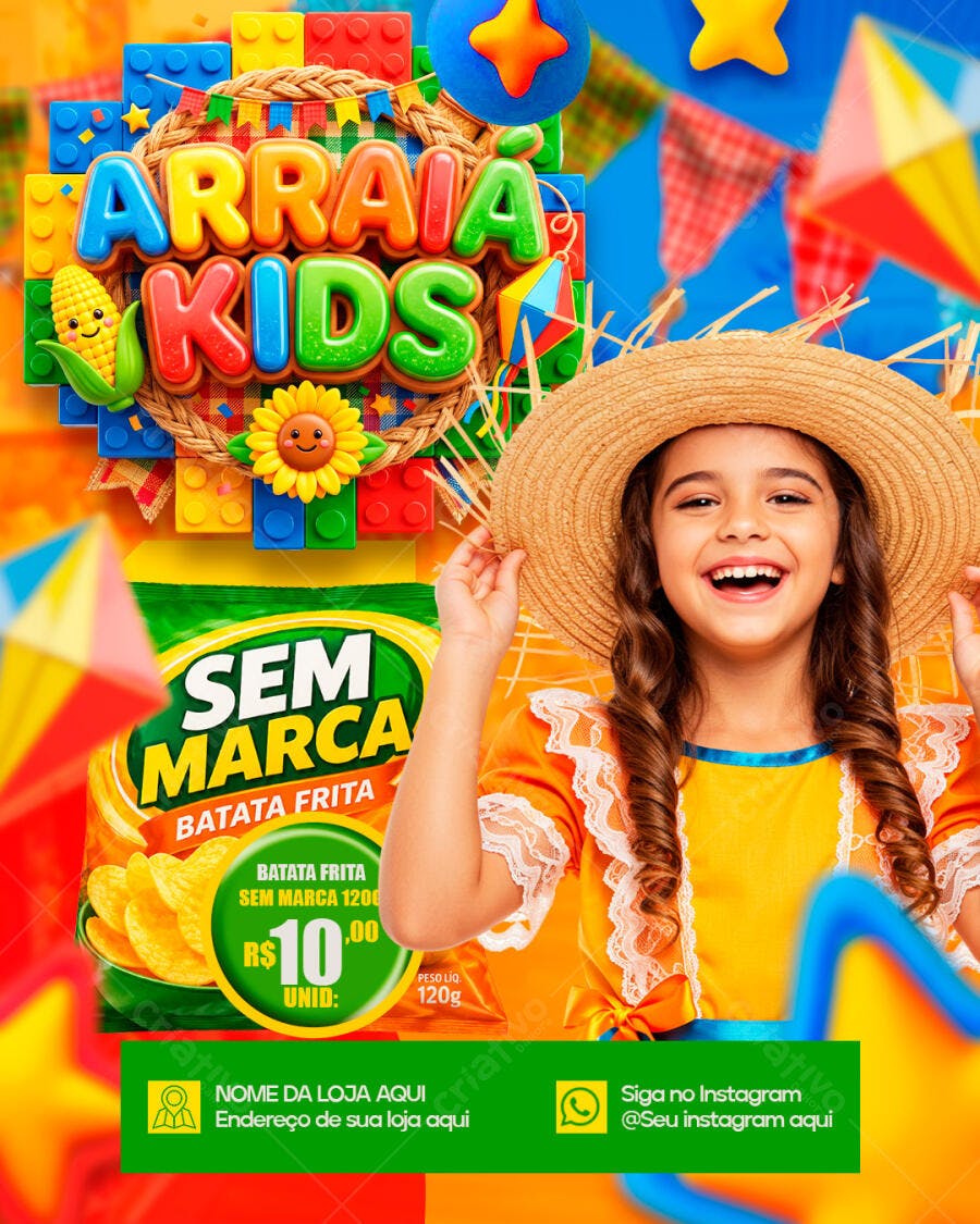 Post Instagram Arraiá Kids Festa Junina PSD Editável