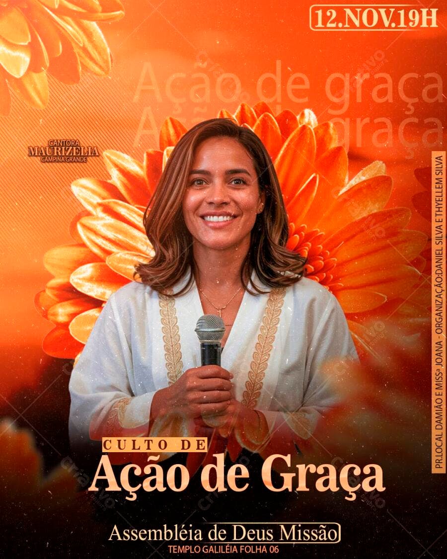 Post Instagram Culto Ação de Graça Igreja PSD Editável