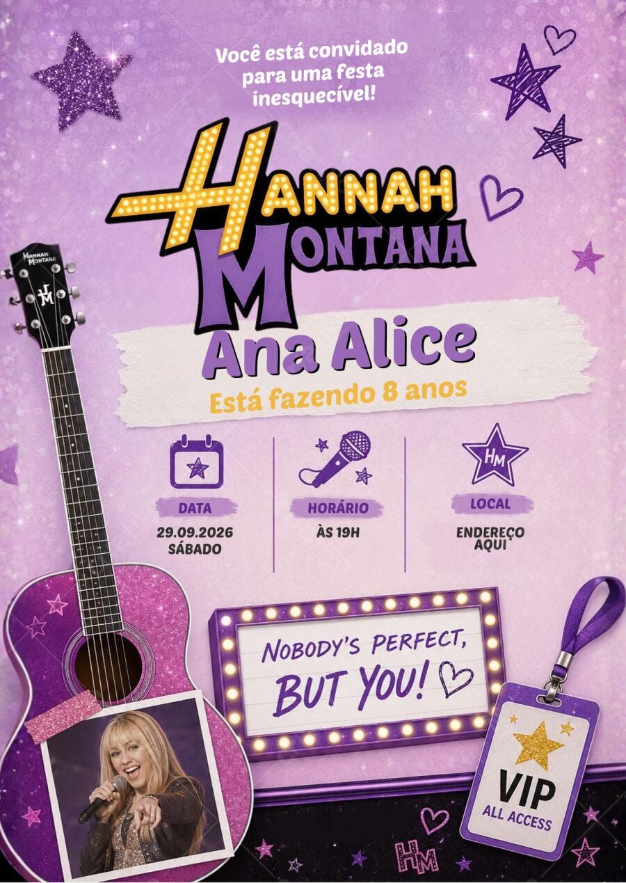 Convite Aniversário Hannah Montana 8 Anos Editável