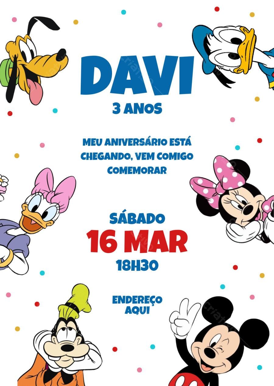 Convite Aniversário Mickey e Amigos 3 Anos Editável