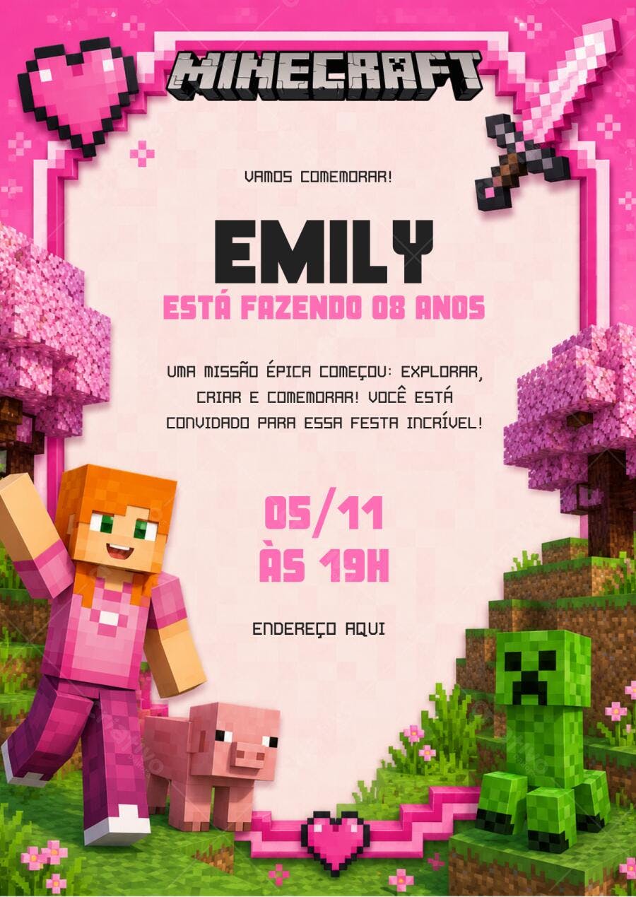 Convite Aniversário Minecraft Rosa 8 Anos Editável