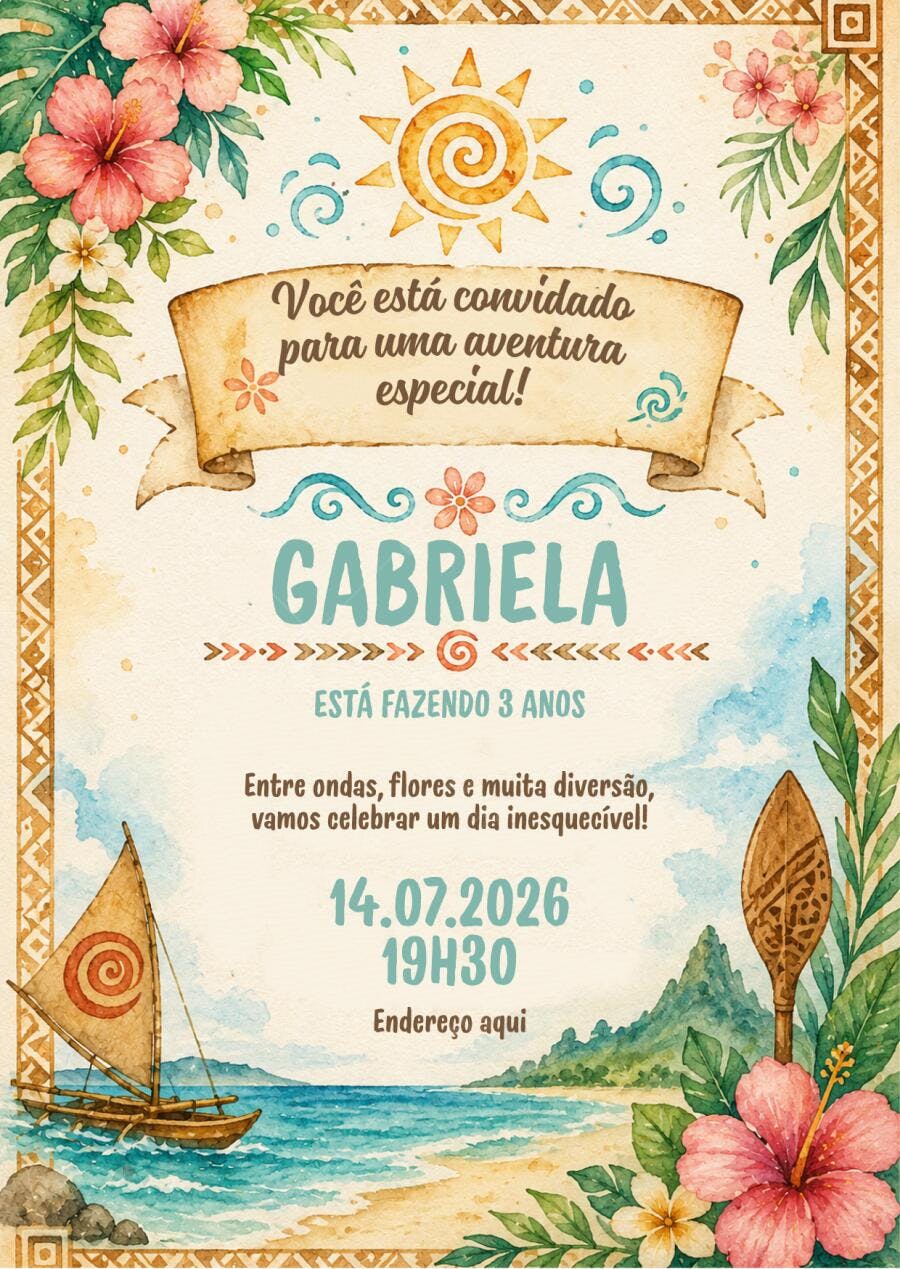 Convite Aniversário Moana 3 Anos Editável Digital