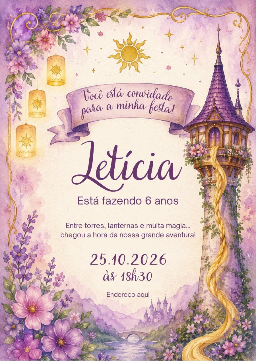 Convite Aniversário Rapunzel Enrolados 6 Anos Editável