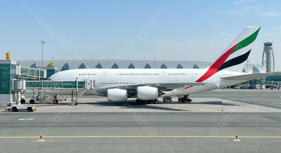 Foto Avião Airbus A380 Emirates Aeroporto Pista Dia Ensolarado