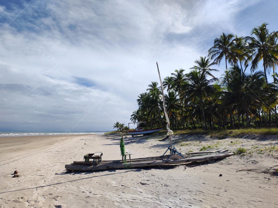 Foto Praia Tropical Barco de Pesca Coqueiros Céu Azul