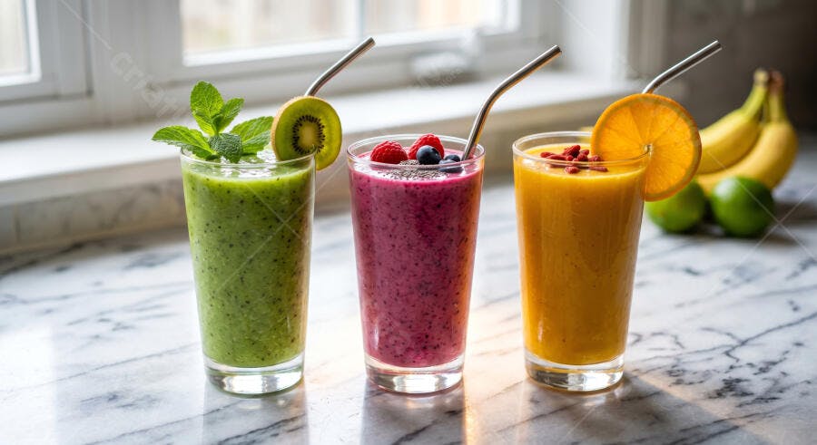 Foto Smoothies Coloridos de Frutas Copos com Canudos Metálicos