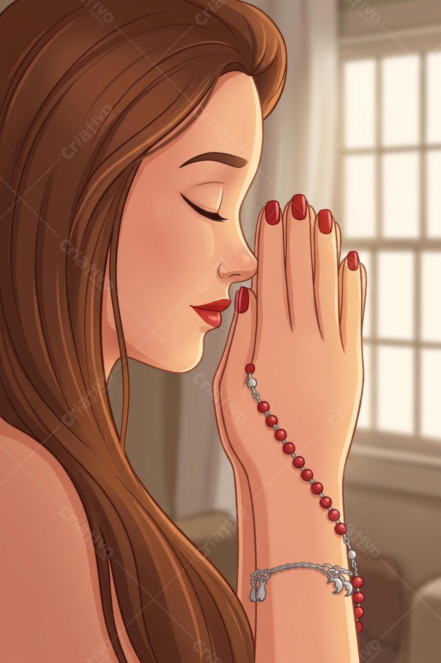 Ilustração Mulher Orando Rosário Mãos Juntas Fé Religião
