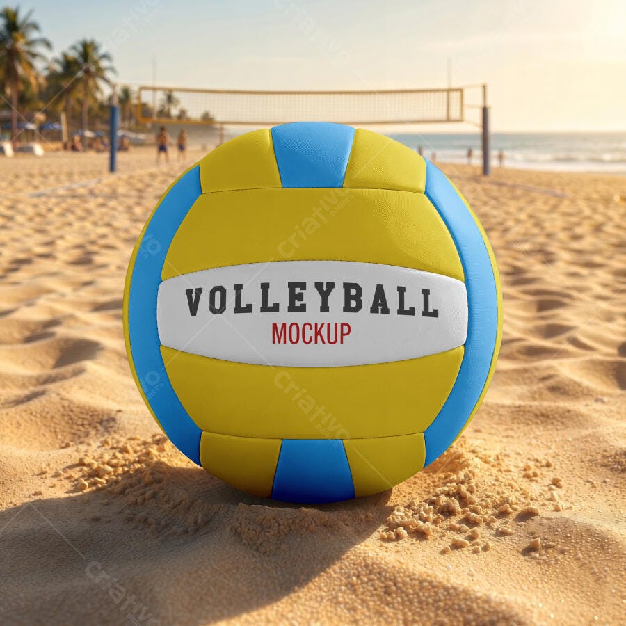Mockup Bola de Vôlei Praia Areia Fundo Mar Editável