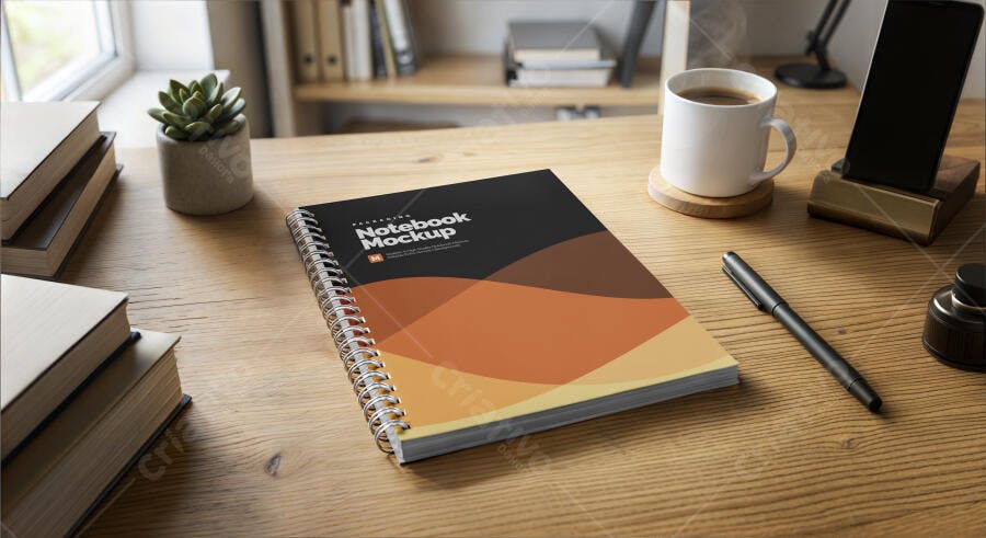 Mockup Caderno Espiral Capa Dura Mesa Madeira Editável